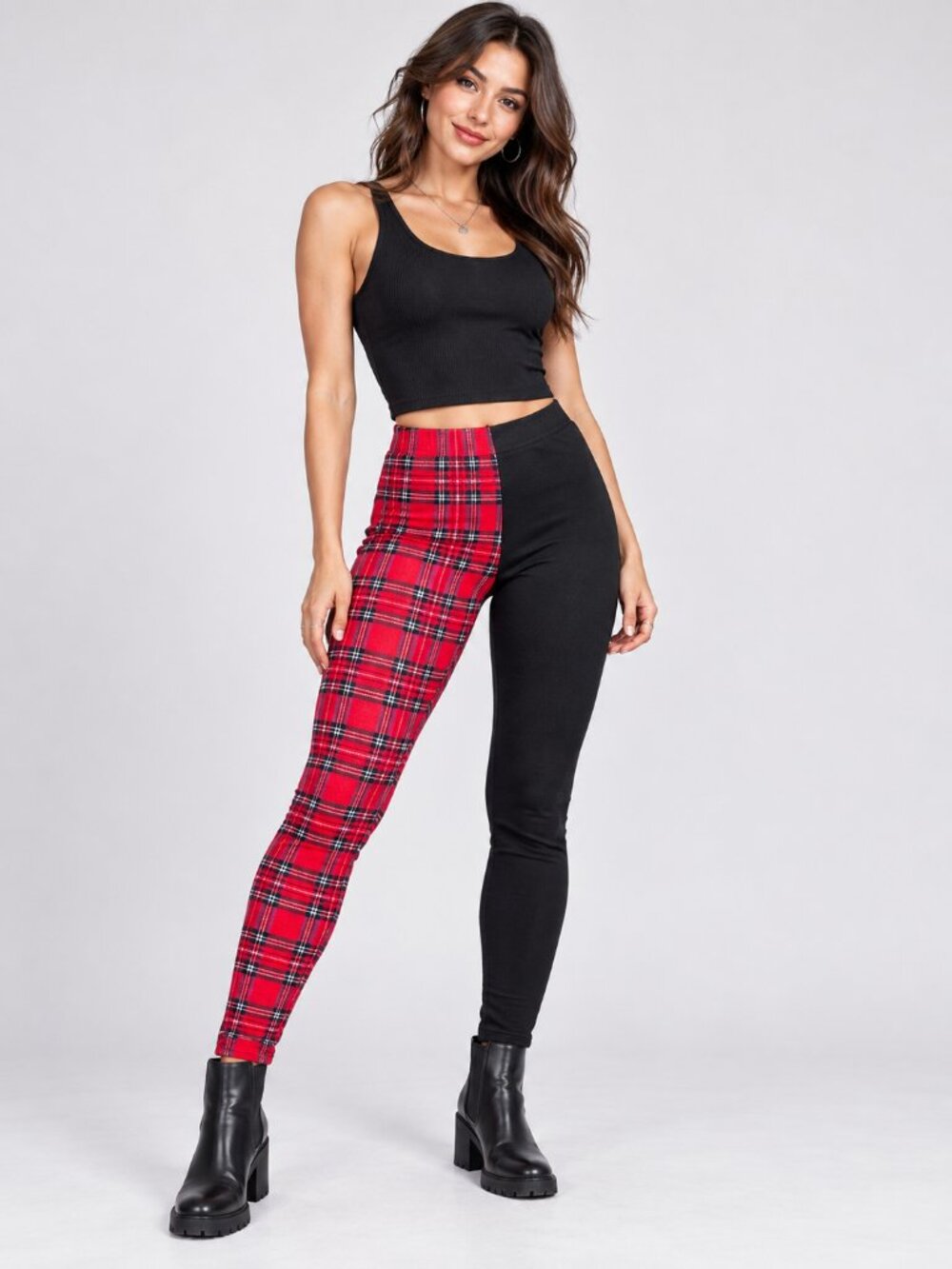 SHEIN Punk Grunge Style Women’s Red Plaid & Black Split Leg Stretch Leggings 3X